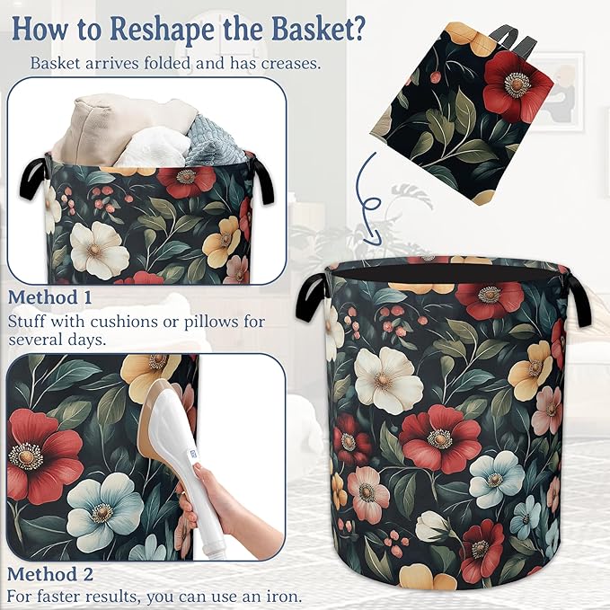 Floral Boho Laundry Basket,Foldable Oxford Cloth Pink Flower Vintage Laundry Hamper with Handles, 20.8"x16" Tote Bag Clothes Storage Bucket for Laundry Room/Bathroom/Bedroom/Dormitories