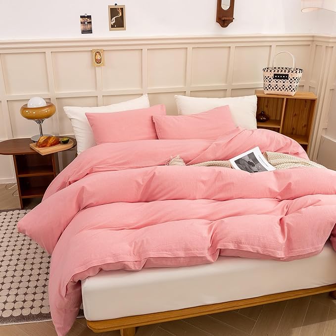 ECOCOTT Pink Duvet Cover Queen Size - Linen Feel Organic Natural 100% Washed Cotton, Soft Breathable 3 Pieces Bedding Set with Zipper Closure