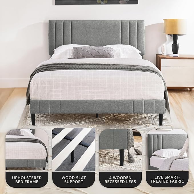Decoro Chicago Modern Tufted Upholstered Platform King Size Bed Frame, Grey