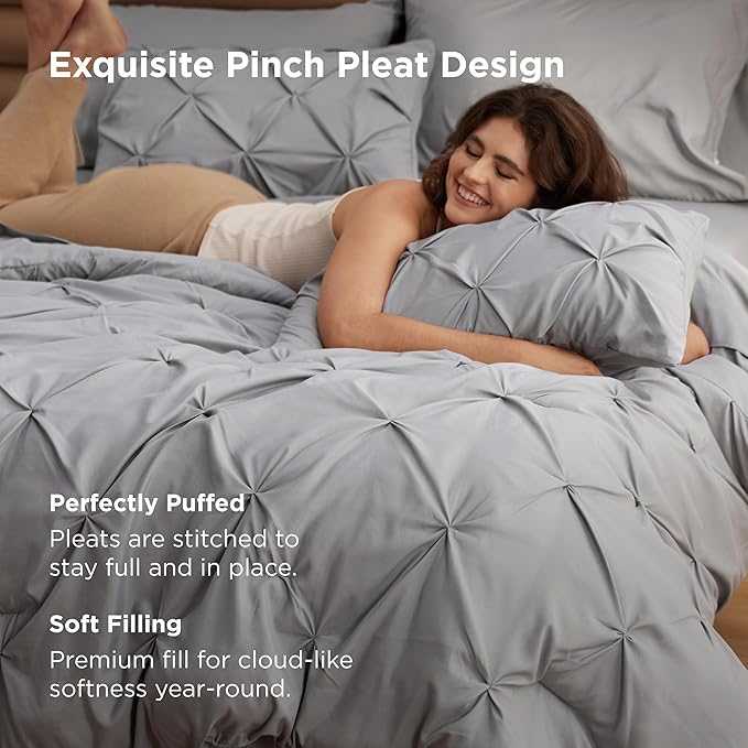 Bedsure California King Comforter Set Grey - Bed in a Bag Cal King Bedding Set 7 Pieces, GentleSoft™ Pintuck Bed Set Gift for Family, Pinch Pleat Grey Comforter with Sheets, Pillowcases & Shams