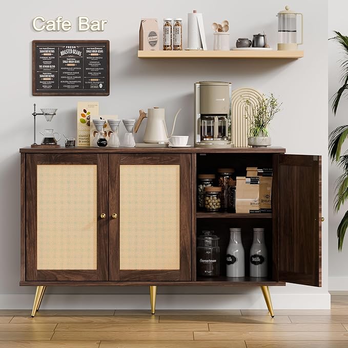 JAMFLY Buffet Cabinet With Storage, Kitchen Storage With 3 Rattan Decorated Doors, Accent Sideboard for Dining Room, Living Room, Entryway, Hallway, Walnut