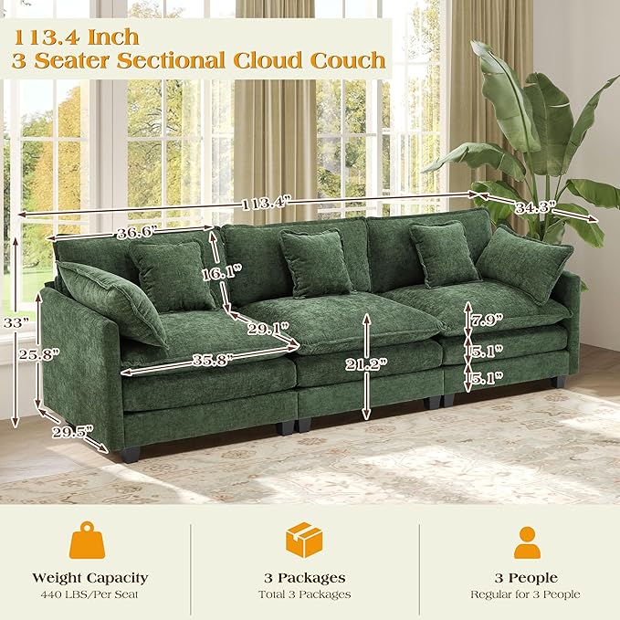 113.4" Modular Sectional Sofa,Cloud Couch for Living Room, Modern Deep Seat Sofa 3 Seater Chenille Fabric Comfy Couches with Throw Pillows for Apartment