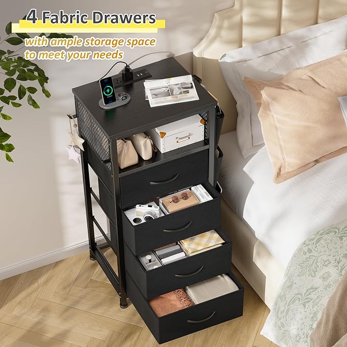 EnHomee Black Nightstand Set of 2,Night Stand with Charging Station & LED, Bedside Table with Fabric Drawers and Storage Shelf, Sturdy Steel Frame, Wood Top, Cloth Bags, Hooks, Black