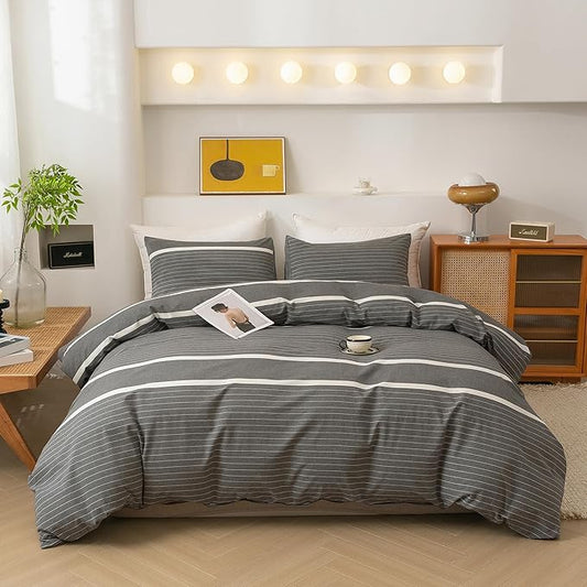 ECOCOTT Grey Striped Duvet Cover Oversized King Size, 100% Washed Cotton 3-Piece Bedding Set - Ultra Soft, Breathable & Easy Care with Zipper Closure and 2 Pillowcases, No Comforter
