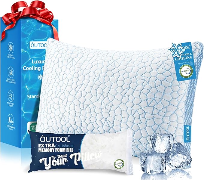 QUTOOL Enhanced Cooling Gel Pillow Standard Size 1 Pack, CertiPUR-US Shredded Memory Foam Pillows for Hot Sleepers, Support Yet Soft Adjustable Bed Pillow for Side, Back, Stomach Sleepers, Home Gifts