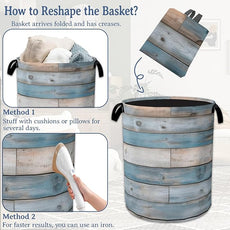 Rustic Wood Grain Laundry Basket,Foldable Waterproof Oxford Cloth Tote Bag Vintage Barn Wooden Laundry Hamper with Handles,20.8