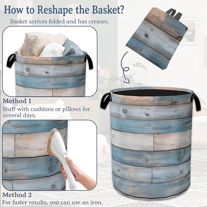 Rustic Wood Grain Laundry Basket,Foldable Waterproof Oxford Cloth Tote Bag Vintage Barn Wooden Laundry Hamper with Handles,20.8"x16" Clothes Storage Bucket Organizer for Laundry Room Bathroom Bedroom