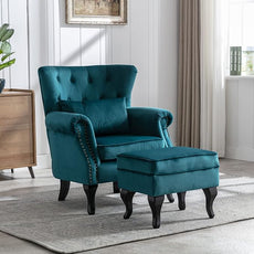 Mid Century Accent Chair with Ottoman Modern Button Tufted Armchair Wingback Club Chair Velvet Single Sofa Lounge Chair with Pillow for Living Room Bedroom, Teal Blue