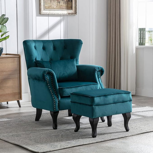 Mid Century Accent Chair with Ottoman Modern Button Tufted Armchair Wingback Club Chair Velvet Single Sofa Lounge Chair with Pillow for Living Room Bedroom, Teal Blue