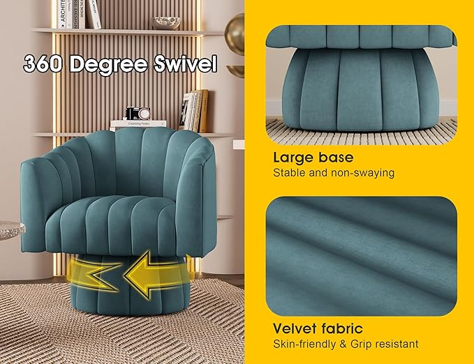 Accent Chair Mid Century 360 Degree Swivel Chair,Modern Lounge Sofa Round Barrel Chair with Wide Upholstered,Fluffy Velvet Fabric Chairs for Home Sofa Living Room/Bedroom/Waiting Room (Blue)