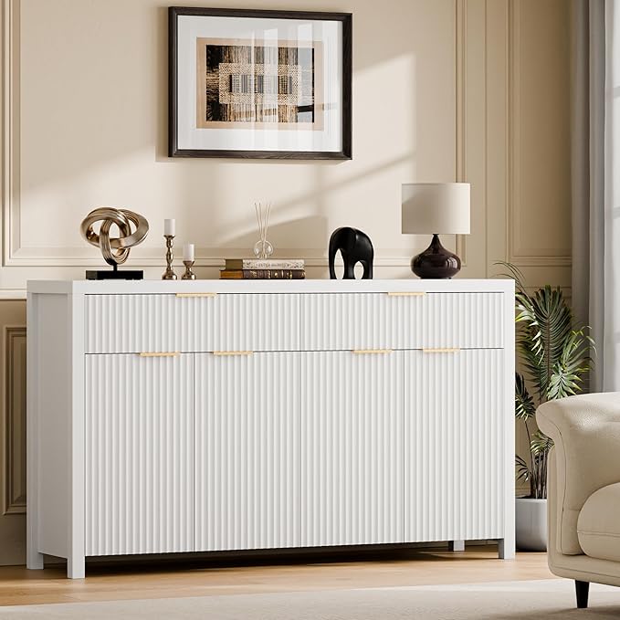 Lulive White Fluted Buffet Cabinet with Storage 55 inch Wood Large Sideboard with Adjustable Shelves for Entryway Kitchen Living Room