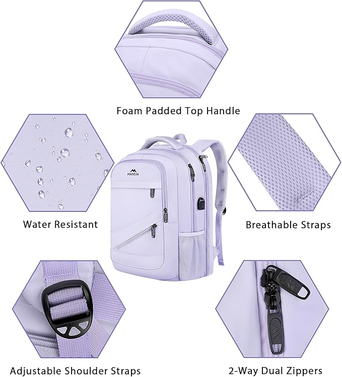 MATEIN Extra Large Laptop Backpack for Women, 50 L TSA Carry On with Multiple Organized Pockets, Anti Theft Water Resistant Travel Laptop Backpack Fits 18.4 In Computer, Light Purple