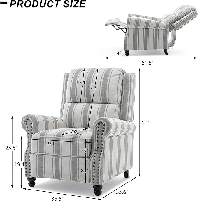 Recliner Chair, Modern Pushback Armchair with Adjustable Backrest & Footrest for Bedroom, Living Room (Grey Stripe,Set of 2)