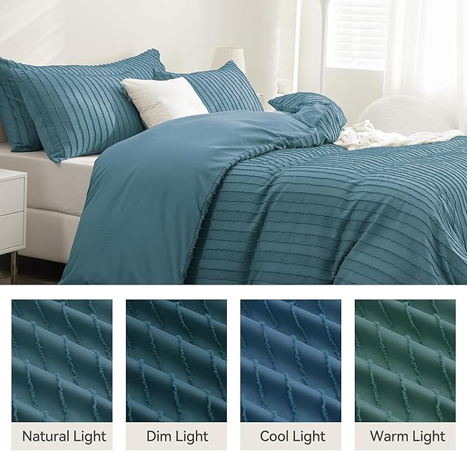 JELLYMONI Duvet Cover Full Size Grayish Blue - 3PCS Boho Striped Duvet Cover Set Polyester Tufted Bohemian Textured Comforter Cover 80×90in with Corner Ties & Zipper and 2 Pillowcases