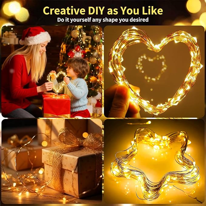 Rechargeable Fairy Lights Battery Operated, 33ft 100 LEDs String Lights with Remote, Waterproof, Mini Twinkle Lights for Bedroom, Christmas, Wedding, Indooor Outdoor Decor, Warm White