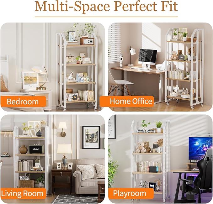 No Assembly Double-Sided Folding Bookshelf for Living Room, 4 Tier Collapsible Book Shelf for Home Office, Portable Bookcase Storage Organizer