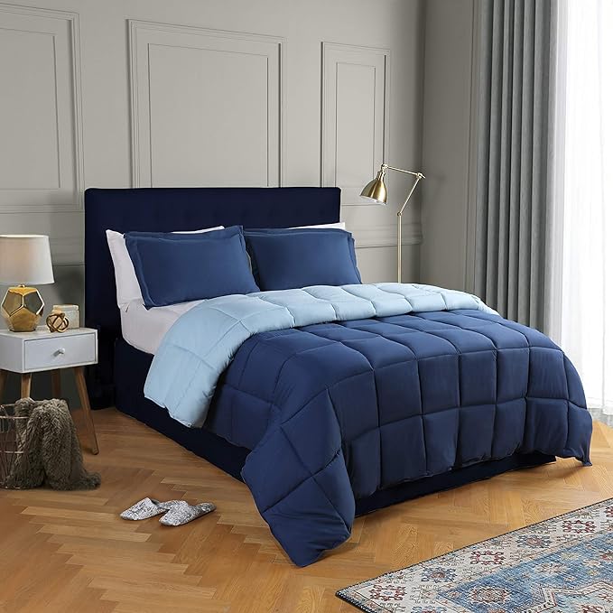 HIG 3pc Down Alternative Comforter Set - All Season Reversible Comforter with Two Shams - Quilted Duvet Insert with Corner Tabs - Box Stitched - Breathable, Soft (King/Cal King, Navy/Light Blue)