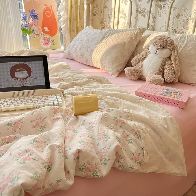 mixinni Vintage Floral Duvet Cover Set - 3 Piece Twin XL Size Pink Cottagecore Bedding with Lace Trim, Shabby Chic Bedding Set, Includes 1 Duvet Cover & 2 Pillowcases, Boho Aesthetic for Girls & Dorms