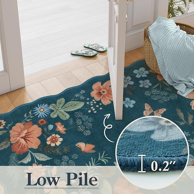 Lahome Floral Washable Runner Rug, 2'6''x8' Soft Hallway Runner Rug Non Slip, Boho Ultra-Thin Kitchen Runners for Hallways with Rubber Backing Carpet for Laundry Bedroom Bathroom(Navy Blue)