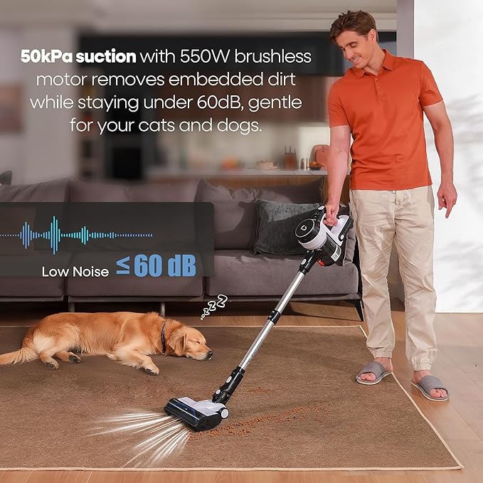 YONNDER Cordless Vacuum Cleaner, 50KPA/550W/70Mins Powerful Stick Vacuum for Home, Anti-Tangle, Self-Standing, Lightweight, Charging Dock, Vacuum Cleaner for Hardwood Floor/Carpet/Pet Hair/Car, M1