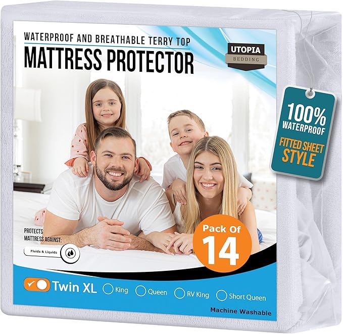 Utopia Bedding Waterproof Mattress Protector Twin XL Size 14 Pack, Premium 200 GSM Terry Mattress Cover, Soft & Breathable Bed Cover, Fitted Sheet Style with Stretchable Deep Pockets 15" (White)