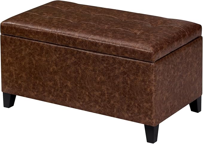 Joveco Storage Ottoman Bench, 33 Inches Faux Leather Rectangle Tufted Foot Stool for End Foot of Bed, Bedroom, Living Room, Walnut