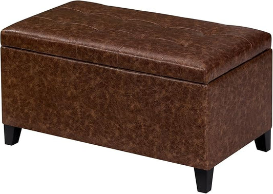 Joveco Storage Ottoman Bench, 33 Inches Faux Leather Rectangle Tufted Foot Stool for End Foot of Bed, Bedroom, Living Room, Walnut