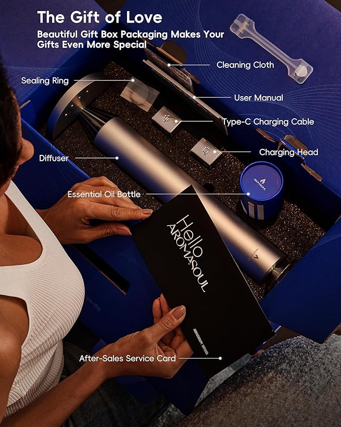 Waterless Scent Diffuser Starter Kit - 1500 Sq Ft Coverage, Alloy Atomization System,Mood Light,Smart Rechargeable Hotel Scent Diffuser, Including 120ml Essential Oil, for Home,Large Room,Spa,Silver