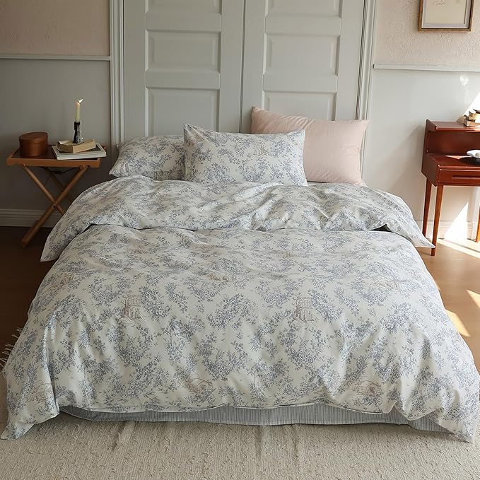 HighBuy Vintage Flower Girls Duvet Cover Full Size Cozy Cotton Garden Floral Duvet Cover Chic Bedding Set Full Lightweight Soft Boho Floral Comforter Cover Full with 2 Pillowcases All Season