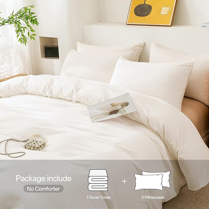 ECOCOTT White Duvet Cover Queen Size, 100% Washed Cotton 1 Duvet Cover with Zipper and 2 Pillowcases, Ultra Soft and Easy Care Breathable Bedding Set (White, Queen)