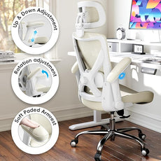 Office Home Ergonomic Desk Chair-Computer X-Shaped Chair Mesh PU Leather with Adjustable Lumbar Support-Executive Chair High Back with Headrest Flip-Up Arms for Long Hours (Beige)