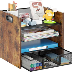 Wood Desk Organizer - 4-Tier Desktop File Organizer with Drawer, Wooden Paper Tray, Office Desk Organizer for Papers, Mail, Notebooks, Stationery