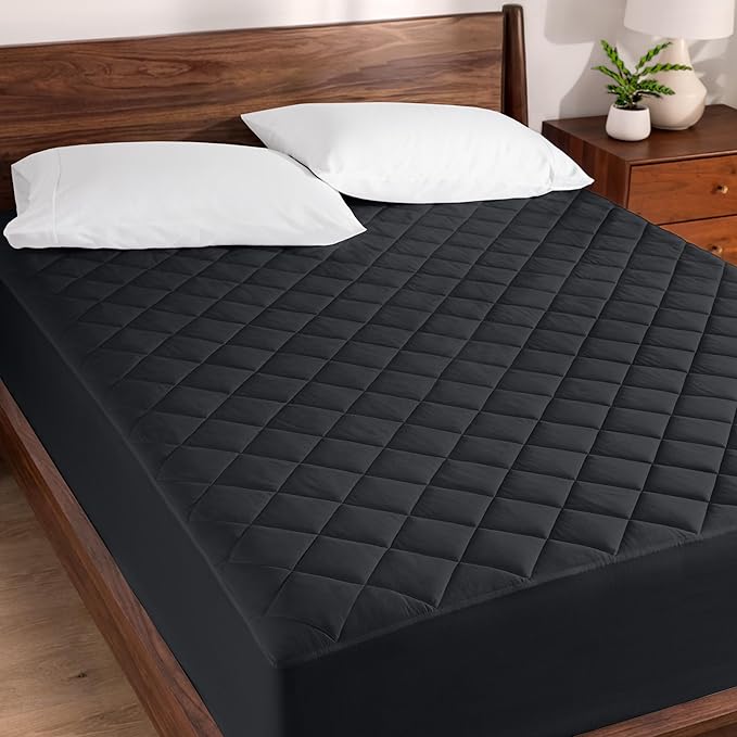 Bare Home Queen Quilted Fitted Mattress Pad - Cooling Mattress Cover - Easily Washable - Elastic Fitted Cover for Mattress - Stretch-to-Fit up to 15 Inches Deep (Queen, Black)