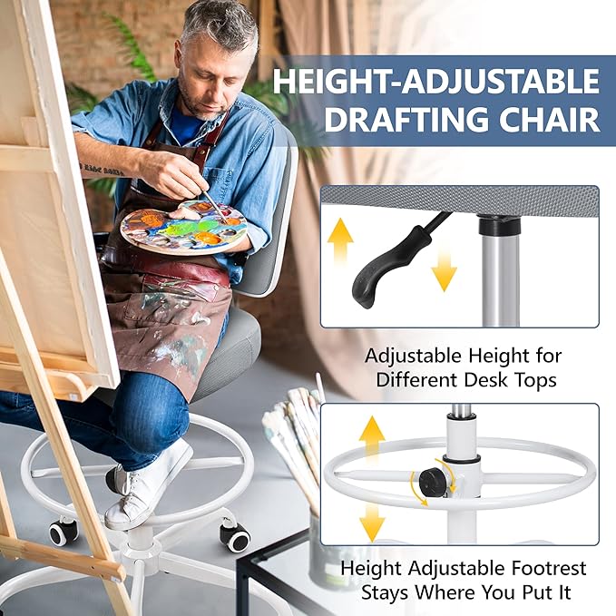 Primy Armless Tall Desk Chair, Adjustable Height and Footring, Mid-Back Ergonomic Standing Desk Chair Mesh Rolling Tall Chair for Art Room, Office or Home (Gray)