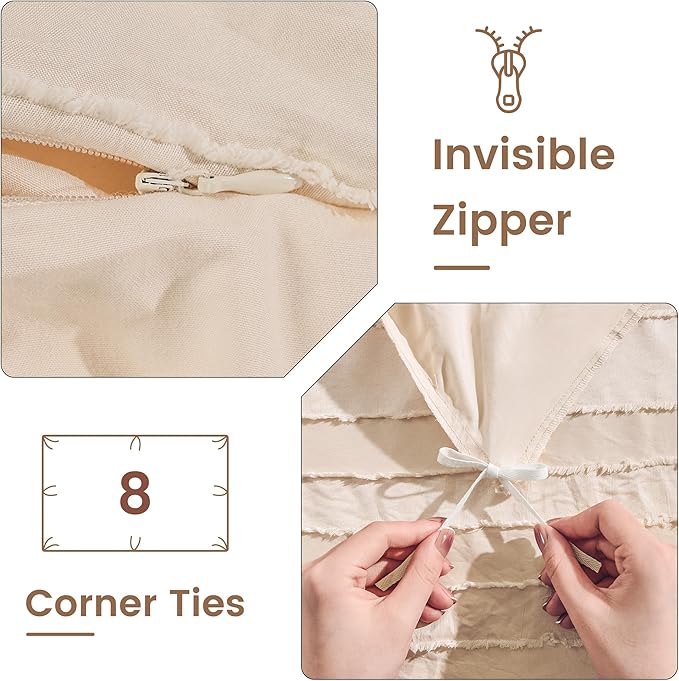 NEXHOME PRO Duvet Cover Full Size,3 Pieces Boho Tufted Duvet Cover Set, Soft and Lightweight Microfiber Comforter Cover Set for All Season (Khaki Full, 80 x 90)-No Comforter