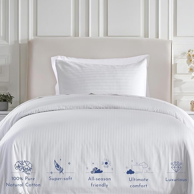 California Design Den Twin XL/Twin Duvet Cover Cotton Only - Premium 400 Thread Count, Natural 100% Cotton Duvet Cover Only, Soft Sateen Weave, Button Closure and Corner Ties - Striped White