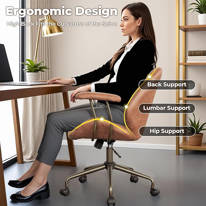 ovios Ergonomic Office Chair, Mid Back Faux Leather Executive Chairs with Armrests, Comfy Mid-Century Modern Swivel Rolling Computer Armchair (Brown, Suede Leather)