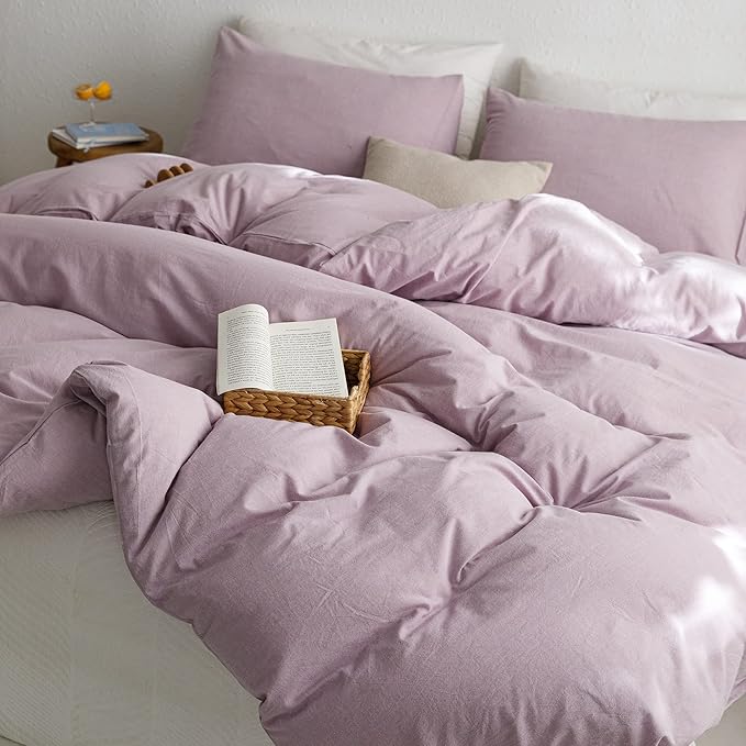 ECOCOTT Light Purple Duvet Cover King Size - 100% Washed Cotton Durable Soft Comfy Duvet Cover Set, 3 Pieces Duvet Cover with Zipper Closure (Light Purple, 104''x90'')