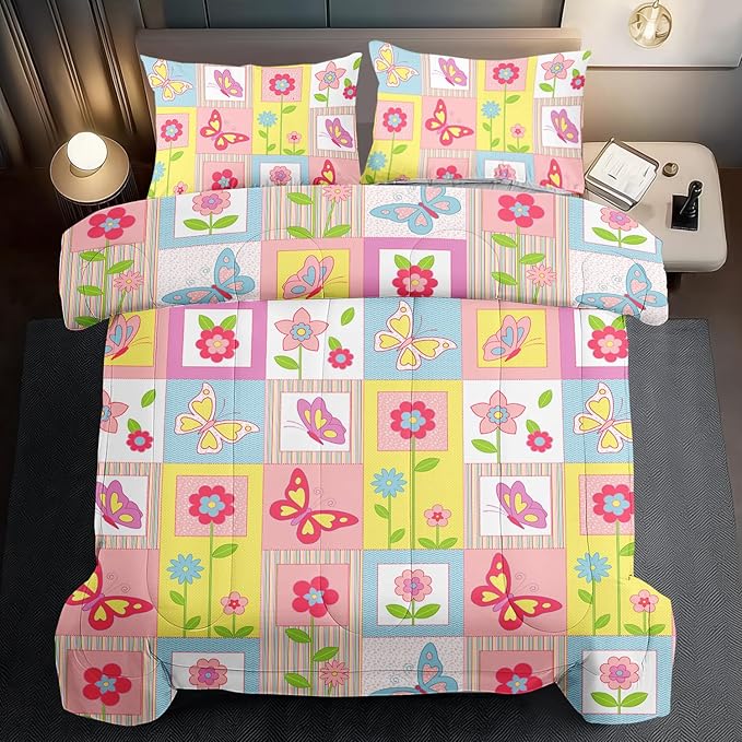 Pink Butterfly Kids Comforter Set Full Girls Floral Bedding Set Girls Pink Grid Comforter Kids Quilt Bedroom Decor White Purple Blue Pink Butterfly Bedding Bed Decor