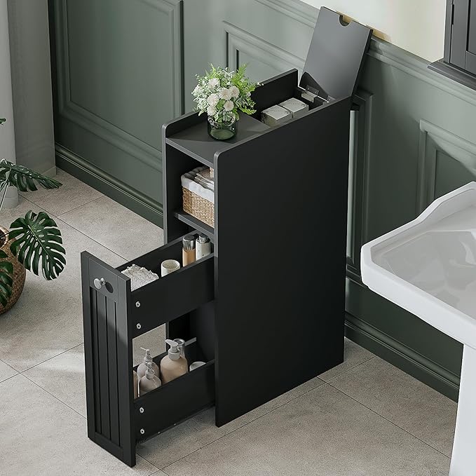 ChooChoo Slim Bathroom Storage Cabinet, Narrow Small Bathroom Organizer with Slide Out Drawer Storage, Toilet Paper Holder, for Small Spaces, Black