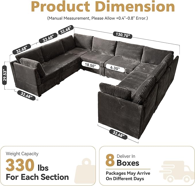 Large 8 Seat Modular Sectional Sofa with Ottoman Seat Corduroy Sleeper Sectional Sofa Bed Oversized Convertible Modular Couch for Living Room