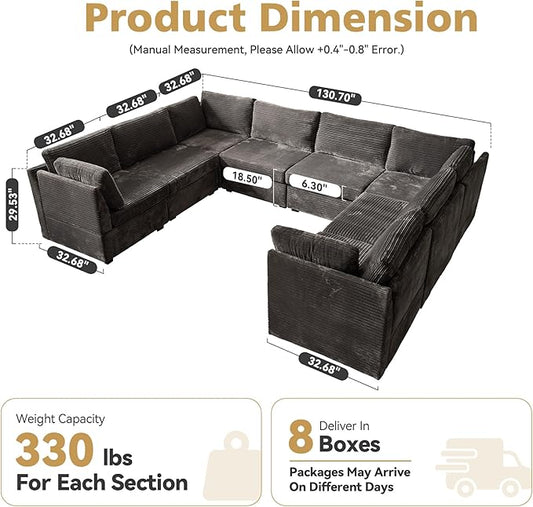 Large 8 Seat Modular Sectional Sofa with Ottoman Seat Corduroy Sleeper Sectional Sofa Bed Oversized Convertible Modular Couch for Living Room