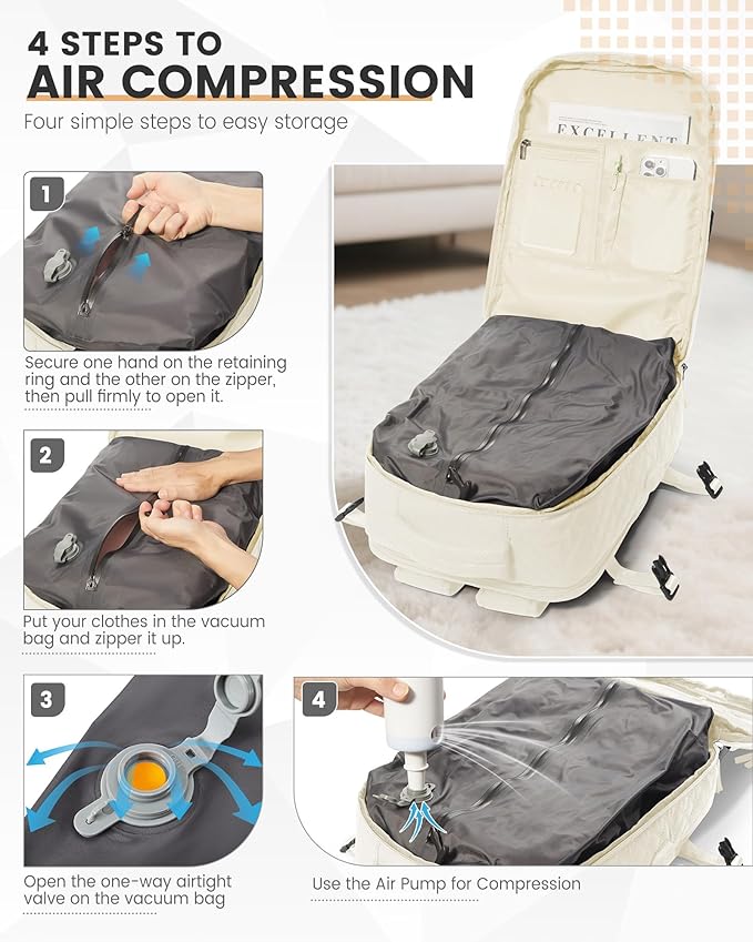 suwasp Vacuum Backpack Travel with Pump, Travel Backpack for Women Men, Vacuum Compression Bags with Laptop Compartment/Shoe Compartment, Personal Item Carry On Backpacks Flight Approved, Beige
