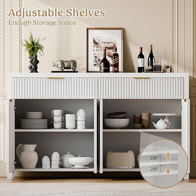 Lulive White Fluted Buffet Cabinet with Storage 55 inch Wood Large Sideboard with Adjustable Shelves for Entryway Kitchen Living Room