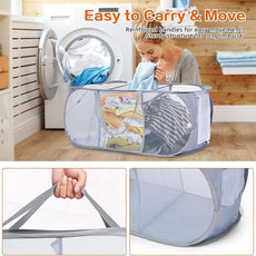 Durable Collapsible Foldable Pop Up Laundry Hamper, Sturdy 3 Compartments, Handy Pocket & Easy to Sort Clothes Hampers for Dorm, Kids Room, Travel - Grey