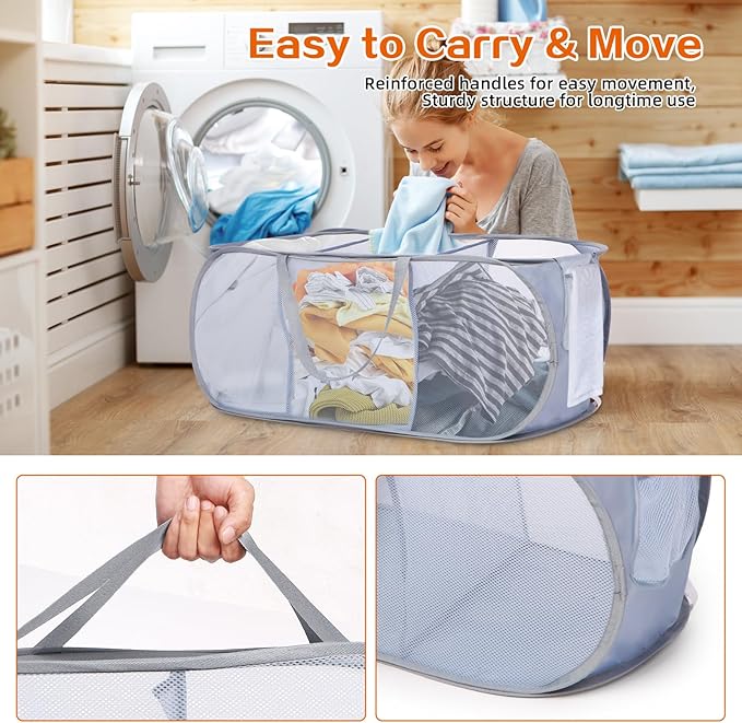 Durable Collapsible Foldable Pop Up Laundry Hamper, Sturdy 3 Compartments, Handy Pocket & Easy to Sort Clothes Hampers for Dorm, Kids Room, Travel - Grey