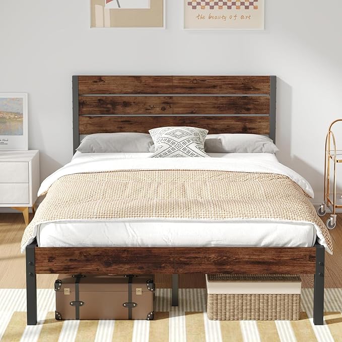 Full Bed Frame with Headboard and Footboard, Metal Full Bed Frame with Under Bed Storage, All-Metal Support System, No Box Spring Needed, Easy Assembly,Rustic Brown