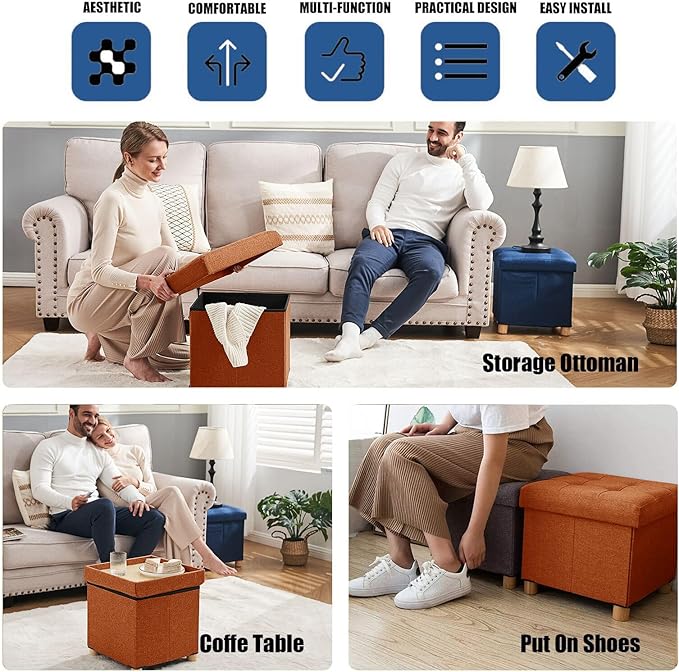 BRIAN & DANY 15 Inches Ottoman with Storage, Square Small Storage Ottoman Foot Rest with Legs, Ottomans Foot Stool for Dorm, Living Room, Entryway (Burnt Orange)