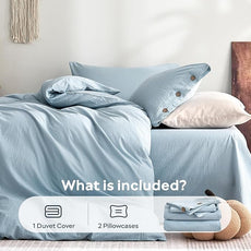JELLYMONI 100% Washed Cotton Duvet Cover Queen – Soft, Breathable Linen-Look Bedding with Natural Wrinkle Texture, Button Closure, 3-Piece Set (Mist Blue, 90