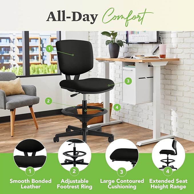 HON Volt Standing Desk Chair, Leather Office Chair with Foot Rest, Armless Drafting Stool, Ergonomic Recline and Center Tilt, for Computers, Offices, Work, Black